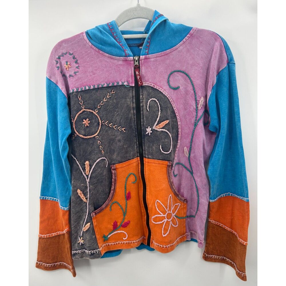 Vintage Boho Hippie Hoodie Jacket Women’s M/L Patchwork Full Zip Embroidered